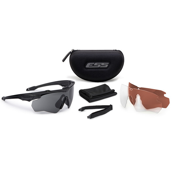 Complete ESS LPL-3B Kit featuring black Crossbow frames, standard ballistic lenses, 3-band laser protection lenses, and hard carry case