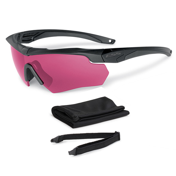 Angled front view of the ESS black Crossbow ballistic sunglasses equipped with the LPL-5 532nm green laser protection lens