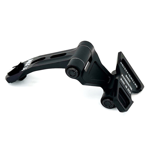 Top down angled view of the machined aluminum MAX14 night vision J-arm showing the articulating rotating knuckle joint