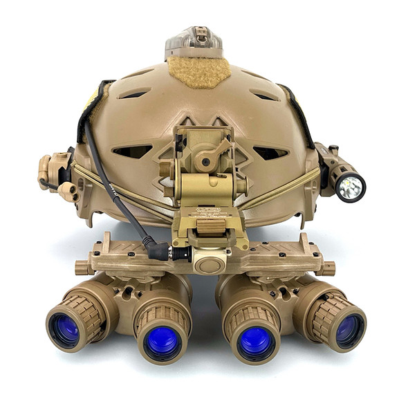 Direct front view of the FDE Argus APNVG quad tube panoramic night vision goggle mounted to a tactical helmet