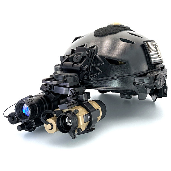 Angled front view of the HMT Helmet Mounted Thermal Kit bridging an AN PVS-14A White Phosphor and InfiRay RH25 v2 thermal