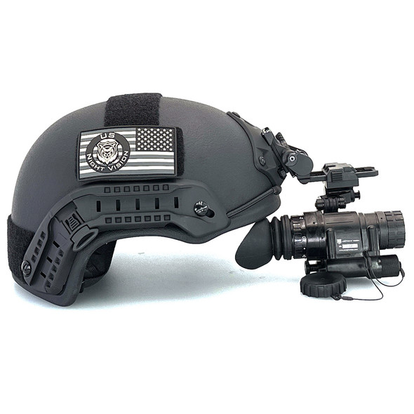 Ride side profile of the turn key Level IIIA ballistic helmet setup equipped with a stowed AN PVS-14 night vision device
