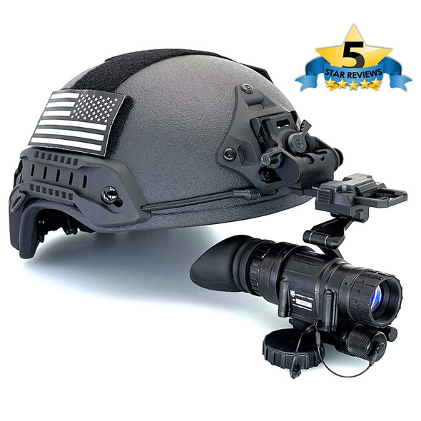 Angled front view of the complete Level IIIA Civil Unrest Kit featuring a ballistic helmet and AN PVS-14 Gen 2+ White Phosphor night vision monocular