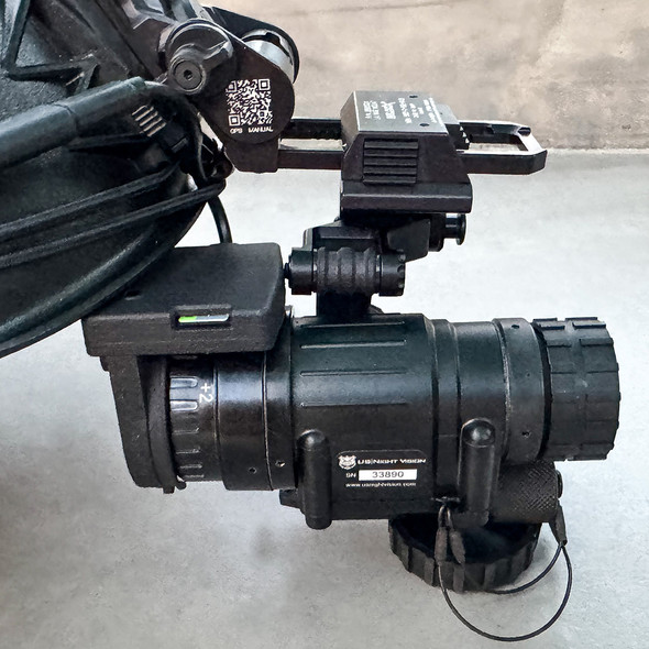 Close up side profile of the BCO LPMR-X 4K mission recorder mounted to a night vision device ocular lens