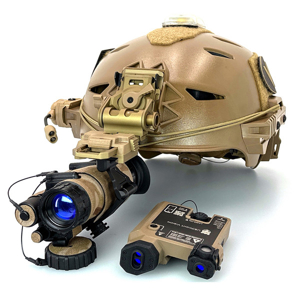 Complete On Target Kit featuring a helmet mounted FDE AN PVS-14A Gen III White Phosphor monocular and DesignateIR-V VCSEL laser