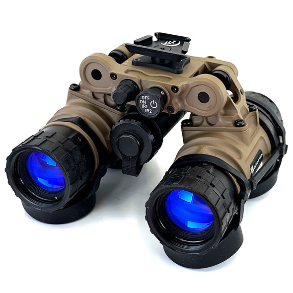 Angled front view of the MH-1 articulating dual tube night vision goggle in Flat Dark Earth FDE