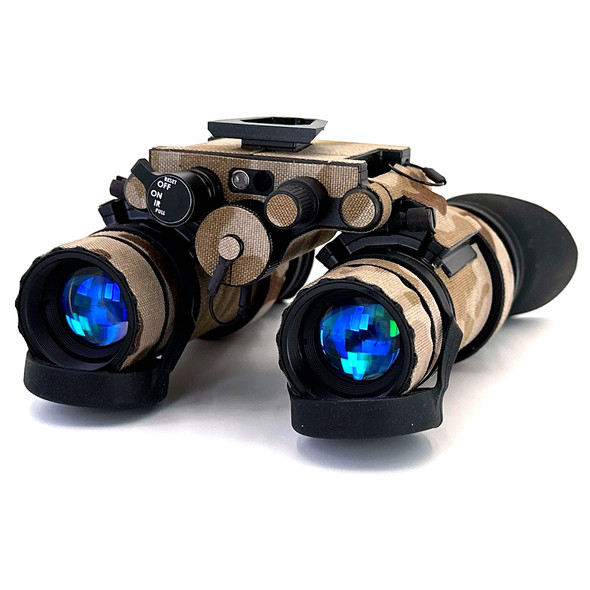 Angled front view of the MultiCam Arid Banshee dual tube articulating night vision goggle featuring Gen III White Phosphor tubes