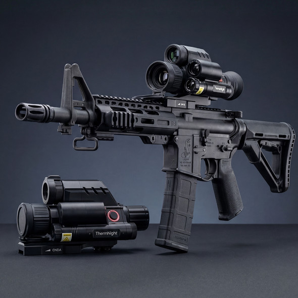 DNT Optics Thermnight multispectral scope mounted on an AR-15 rifle demonstrating its compact standalone optic profile