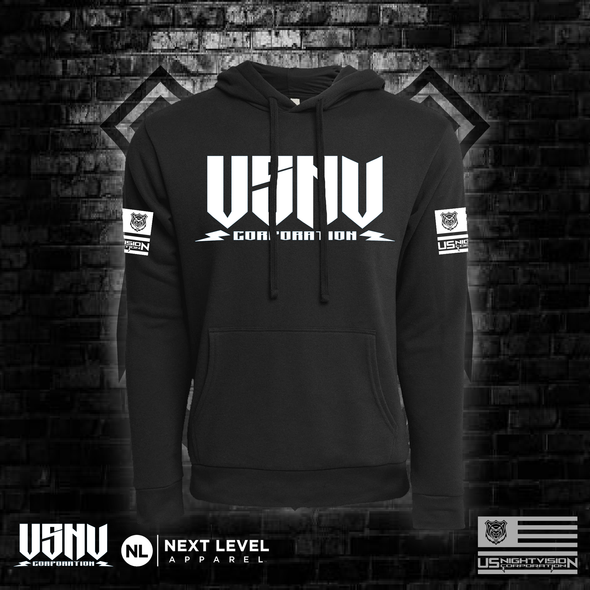 Promotional graphic of the US Night Vision branded hoodie in Black featuring the USNV bolt logo