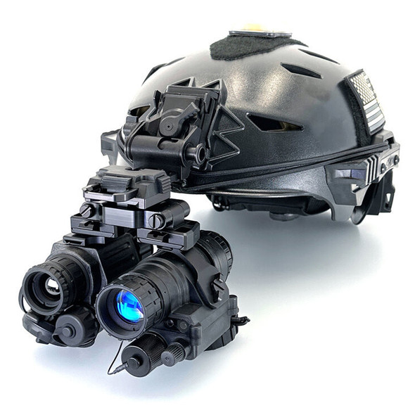 Angled front view of the HMT Lite Helmet Mounted Thermal Kit bridging an AN PVS-14A White Phosphor and Sidekick 640 Thermal