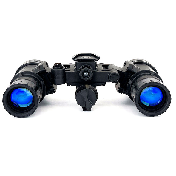 Alpha articulating dual tube night vision goggle showing the optical pods rotated outward for rapid stowage