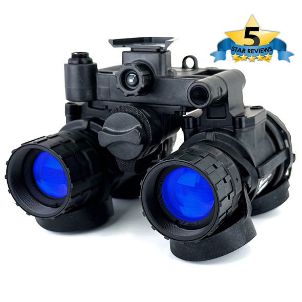 Angled front view of the Alpha Dual Tube Articulating Night Vision Goggle featuring com spec white phosphor image intensifiers