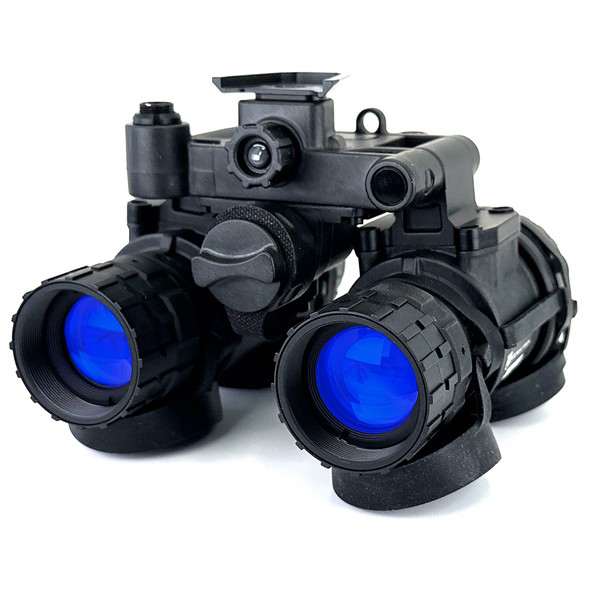 Angled front view of the Alpha Dual Tube Articulating Night Vision Goggle featuring full spec white phosphor image intensifiers
