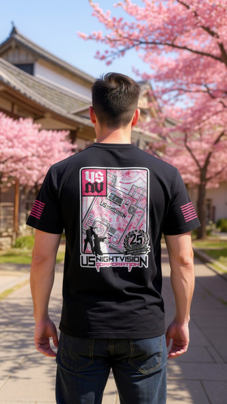 Lifestyle view of a model wearing the US Night Vision Cherry Blossom branded graphic t-shirt