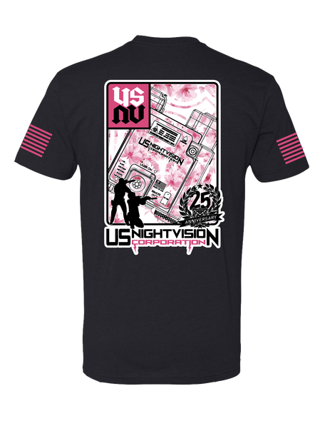 Back graphic view of the US Night Vision branded Cherry Blossom t-shirt in black
