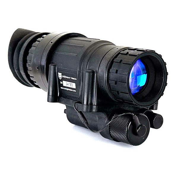 Angled front profile of the extreme performance 3000 FOM AN PVS-14A Gen III White Phosphor night vision monocular
