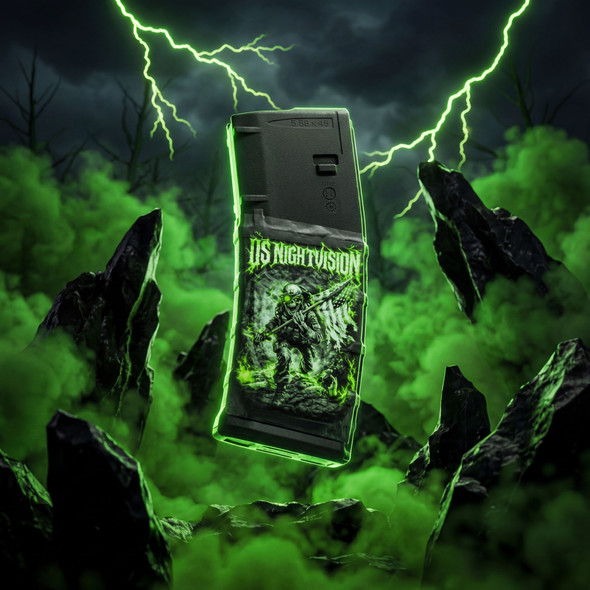 Stylized aesthetic display of the Horde Mag Wraps AR-15 magazine vinyl wrap in a dark lightning setting