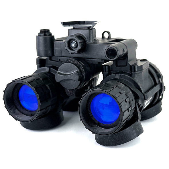 Angled front view of the Alpha Dual Tube Articulating Night Vision Goggle featuring upgraded RPO eyepieces and white phosphor tubes