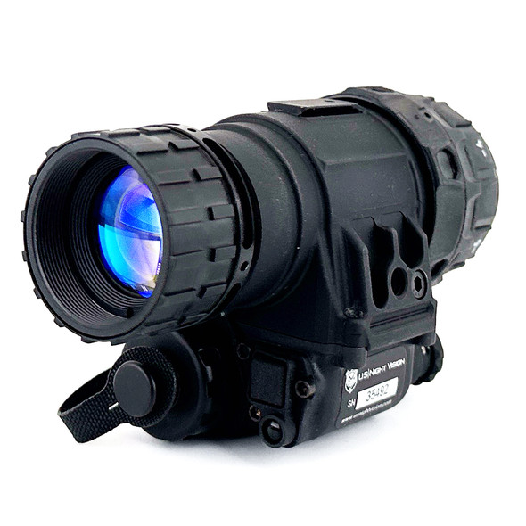 Angled front profile of the RVM-14 Gen III OMNI VIII White Phosphor night vision monocular featuring 1800+ minimum FOM