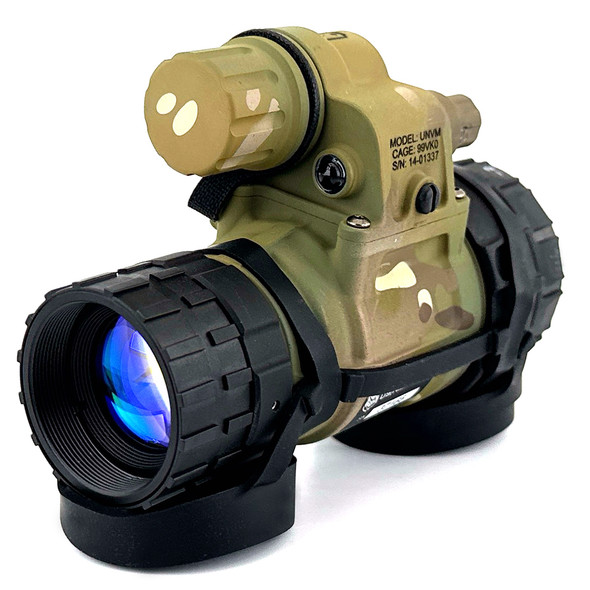 Angled front view of the Talon Gen III OMNI VIII White Phosphor MultiCam night vision monocular featuring 2376+ minimum FOM