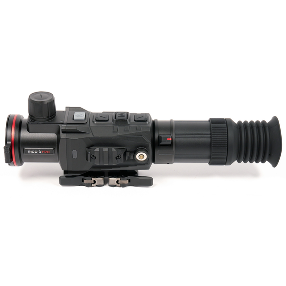 Left side profile of the RICO 3 Pro thermal optic showing the integrated 1600-yard laser rangefinder and Picatinny rail mount