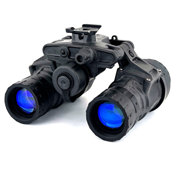 Angled front view of the Raptor Dual Tube Articulating Night Vision Goggle featuring upgraded RPO eyepieces and white phosphor tubes
