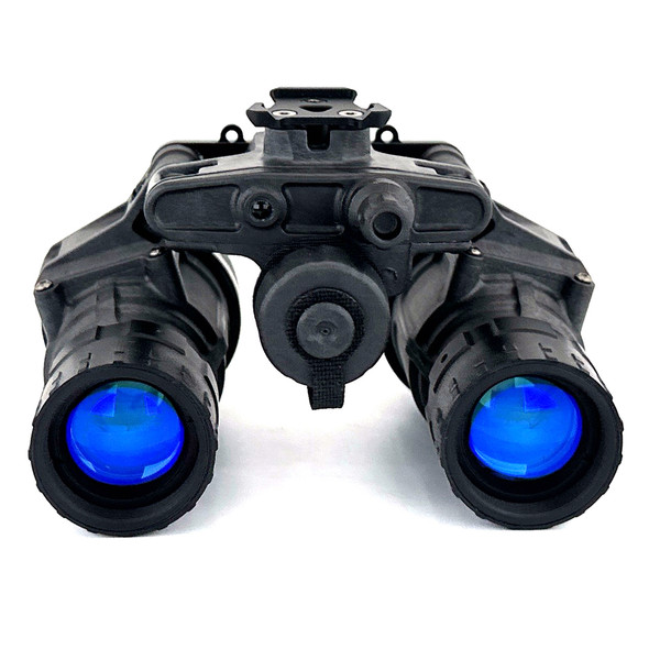 Front profile view of the Raptor articulating night vision goggle housing showing the battery compartment and controls