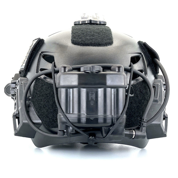 View of the ALPHA™ Night Vision Battery Pack designed for helmet mounted external power and counterweight mounted to a Helmet. 