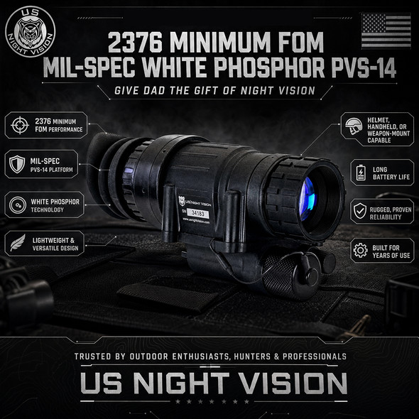 Promotional graphic highlighting the elite 2376 Minimum FOM specification for the Hand Select AN/PVS-14A Gen III White Phosphor monocular
