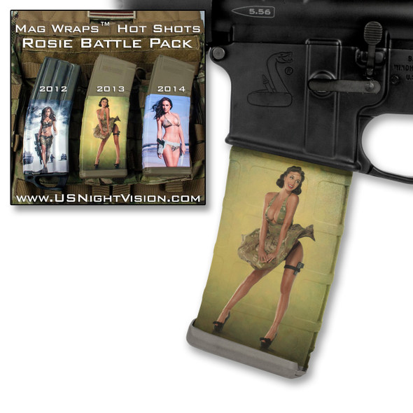 Collage display showing an AR-15 lower receiver with a customized magazine alongside three additional tactical magazines featuring the Hot Shots Rosie Battle Pack Mag Wraps pin-up decal skins