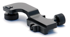 Angled profile view of the black PVS-14 Small Arms Weapon Mount highlighting the Picatinny rail interface and attachment thumbscrew