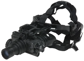 Angled front view of the black tactical Headmount Assembly skull crusher showing a PVS-14 night vision monocular attached in the deployed position