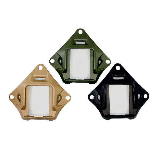 Group display of three tactical NVG Shrouds in Tan, OD Green, and Black highlighting the secure 3-hole night vision helmet mounting interface