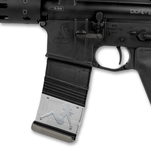 Side profile of a tactical rifle featuring an AR-15 magazine customized with the silver Mudflap Chick Mag Wraps decal skin