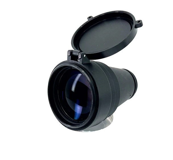 Close up angled front view of the black 3X Military Magnifier Lens for night vision devices featuring an open objective flip cap and multi-coated glass