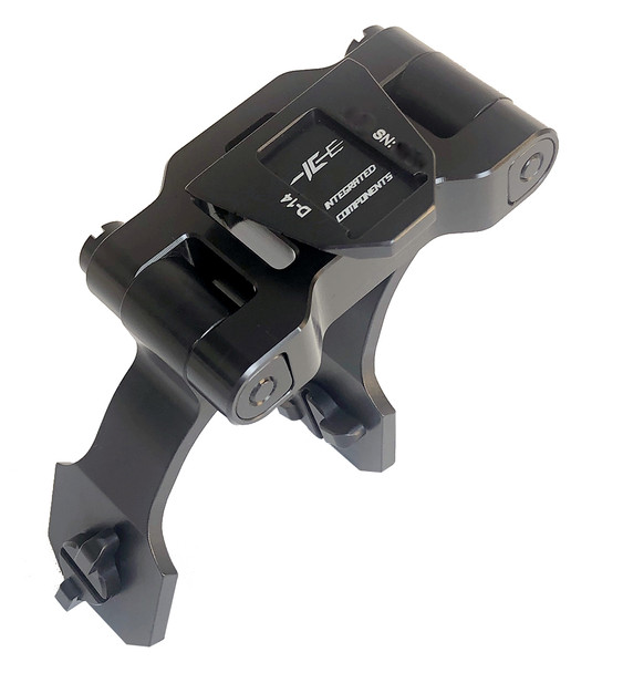 Angled front view of the PVS-14 Dual Mount Dovetail bridge designed to securely combine two night vision monoculars