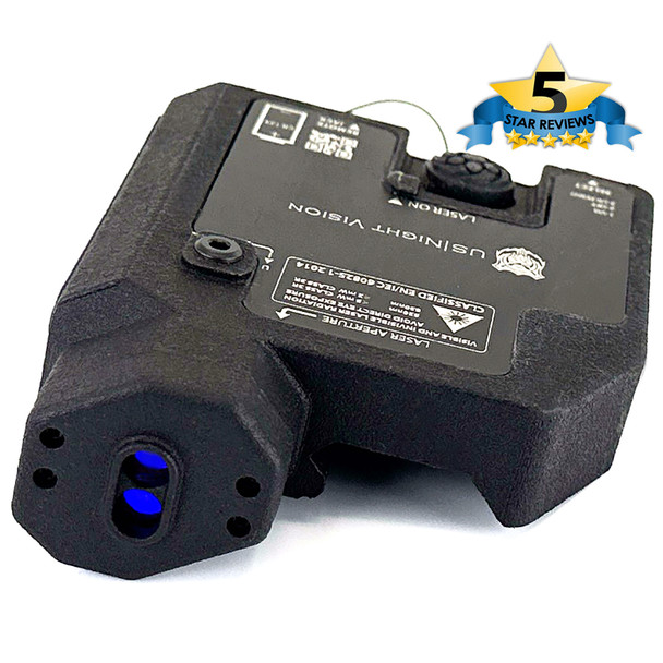 Angled front view of the black DesignateIR Dual Beam aiming device highlighting the green visible and infrared laser emitters