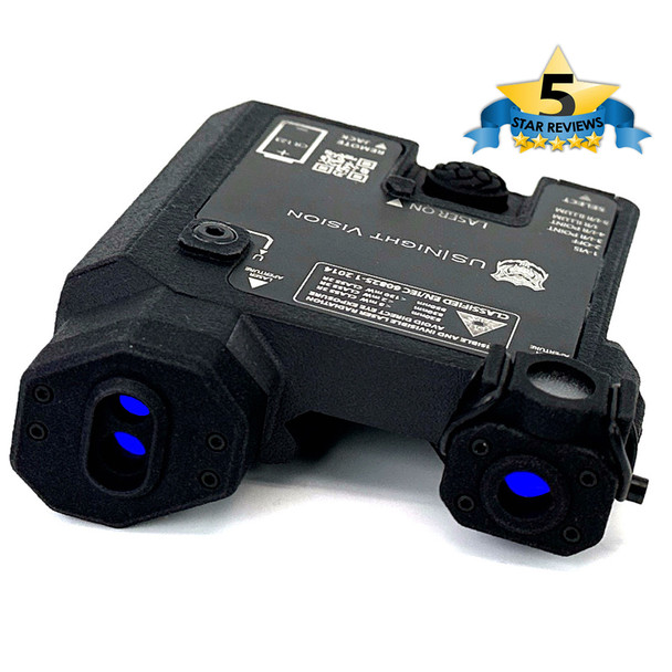 Angled front view of the black DesignateIR-V Three Beam Laser highlighting the green visible infrared laser and VCSEL IR illuminator emitters