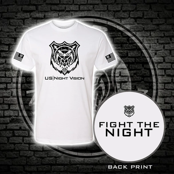 Front view of the white and black US Night Vision Branded T-Shirt featuring a large chest logo and a circular inset of the Fight the Night back print