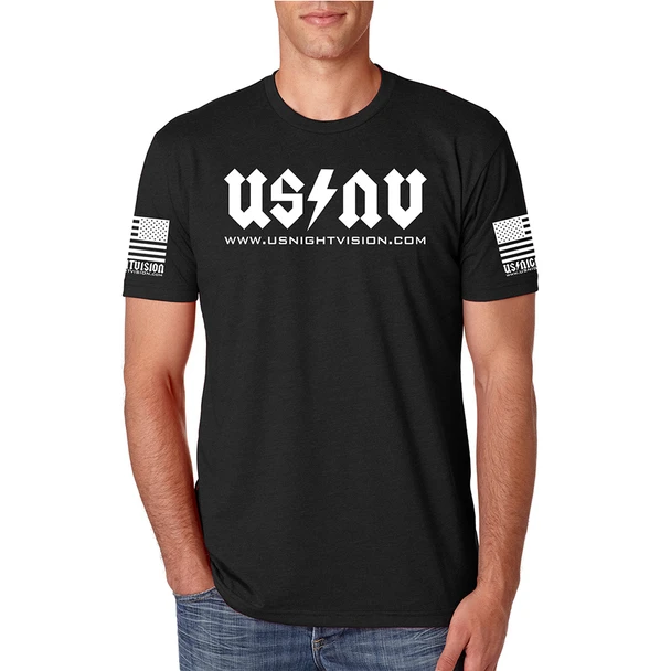 Front view of a model wearing the black US Night Vision Branded T-Shirt featuring the prominent white Bolt Logo on the chest