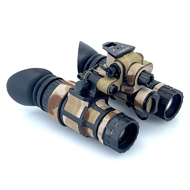 Angled rear view of 1431 MKII night vision binoculars protected by the Multicam 500D Cordura wrap by Reese Wraps