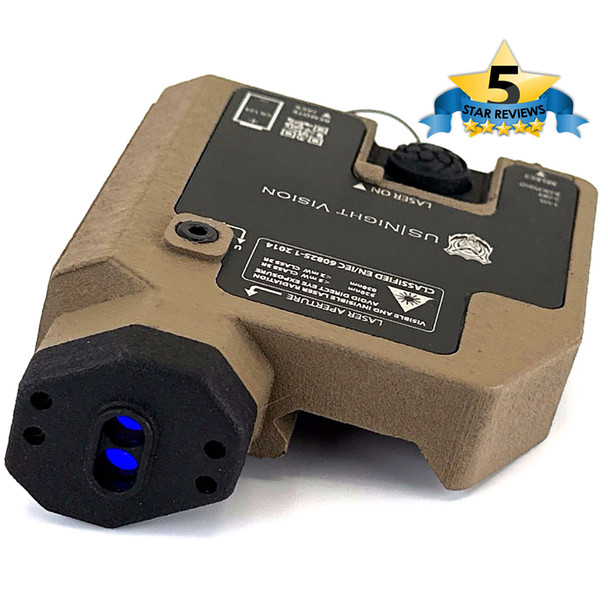 Angled front view of the FDE DesignateIR Dual Beam aiming device highlighting the green visible and infrared laser emitters