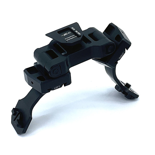 Angled front view of the ICT9606 Dual Dovetail Mount engineered for PVS-14 and thermal systems helmet integration