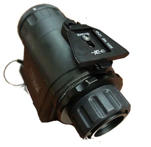 Angled view of the InfiRay Outdoor MH25 thermal monocular equipped with the ICT1888 dovetail adapter for helmet mounting