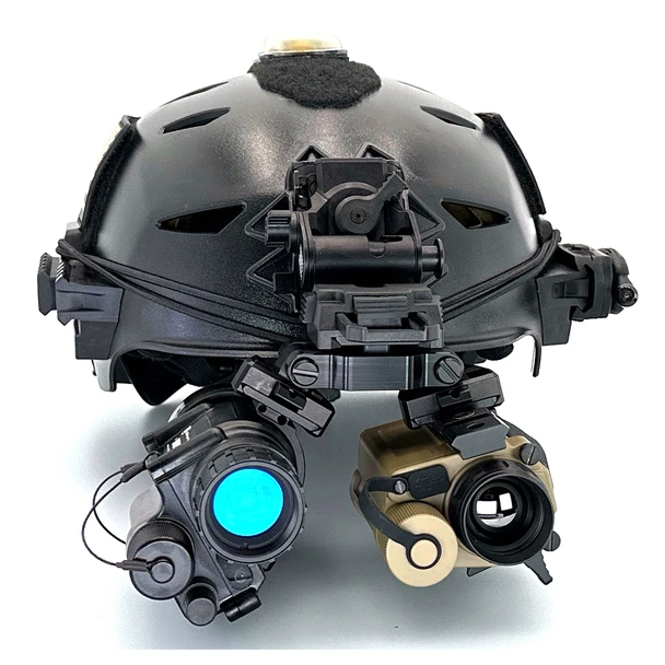 Angled front view of a fully loaded black Team Wendy LTP Bump helmet with a Helmet Mounted Thermal Kit (HMT) showcasing a custom turn key package build