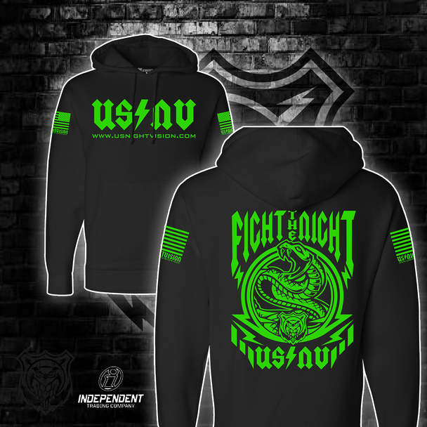 Front and back view of the US Night Vision Branded Hoodie in Green and Black featuring the USNV chest logo and Fight the Night snake graphic