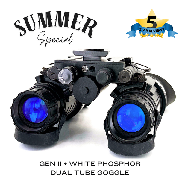 Promotional display of the Banshee Dual Tube Articulating Night Vision Goggle featuring Gen II+ White Phosphor tubes