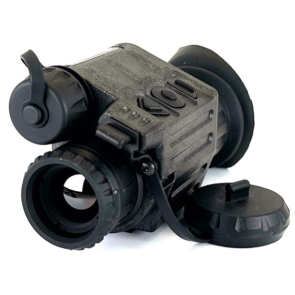 Angled front view of the compact Armasight Sidekick 640 mini thermal monocular with objective lens cover