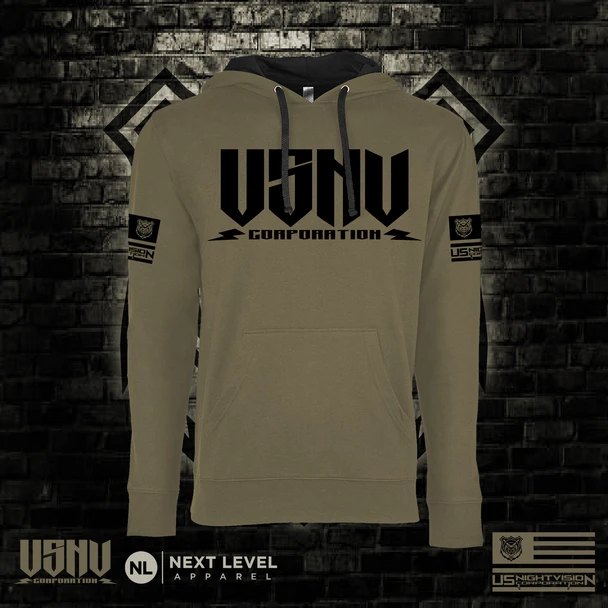 Promotional graphic of the US Night Vision branded hoodie in Olive Drab Green ODG featuring the USNV bolt logo
