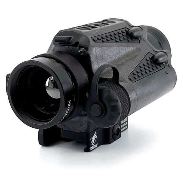 Angled front view of the Armasight Jockey 640 compact thermal clip-on showing the front optic and quick detach mount